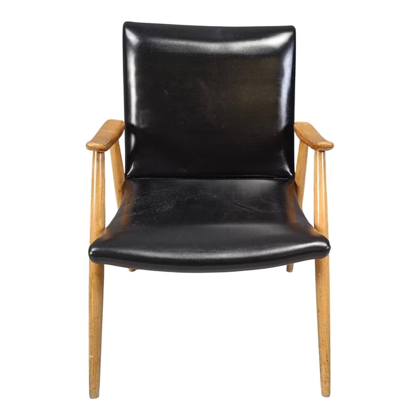 Fotel skandynawski, drewno jasne, ekoskóra czarna, Dania, lata 60.