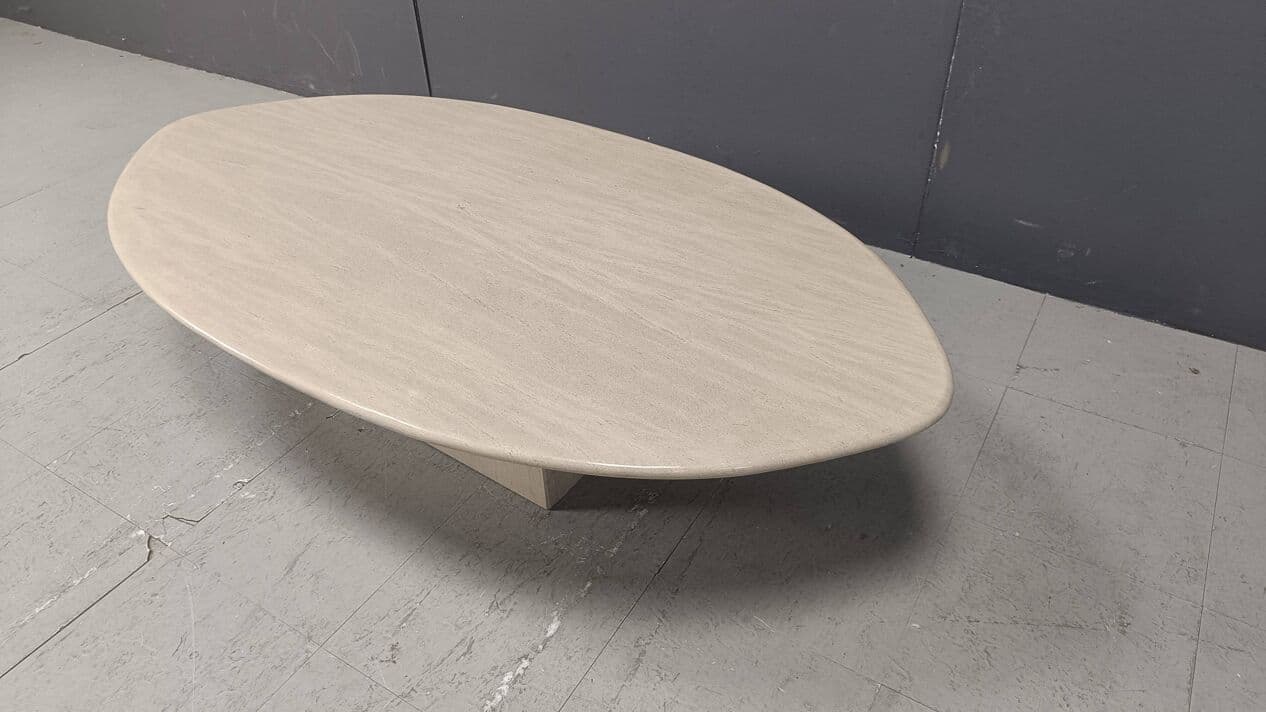 Stolik kawowy owalny, beżowy, trawertyn, Włochy, lata 70. - 271807