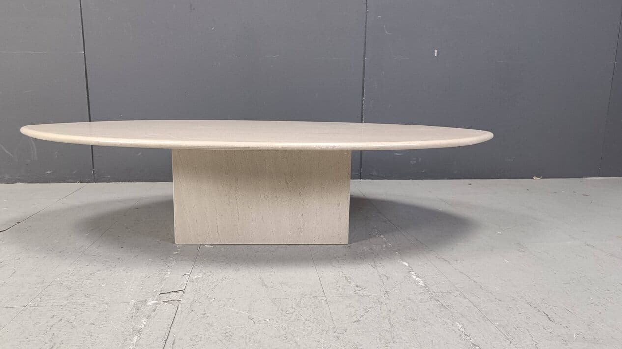 Stolik kawowy owalny, beżowy, trawertyn, Włochy, lata 70. - 271804