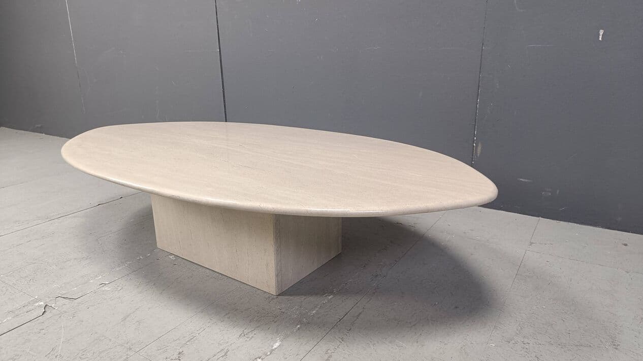 Stolik kawowy owalny, beżowy, trawertyn, Włochy, lata 70. - 271808