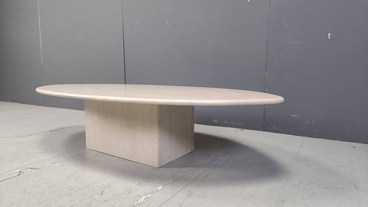 Stolik kawowy owalny, beżowy, trawertyn, Włochy, lata 70. - 271809