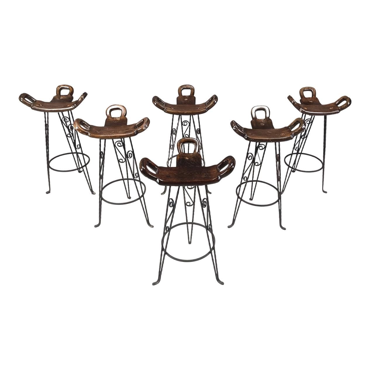 Zestaw sześciu hokerów, drewno brązowe, żelazo czarne, Hiszpania, lata 60.