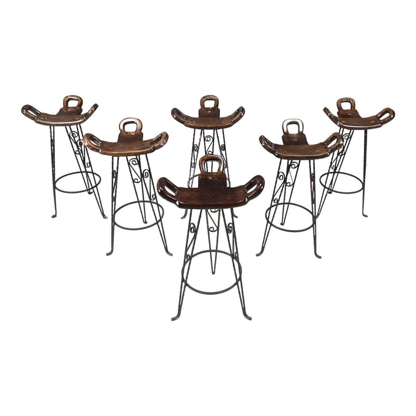 Zestaw sześciu hokerów, drewno brązowe, żelazo czarne, Hiszpania, lata 60.