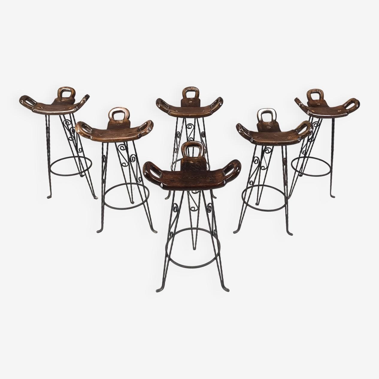 Zestaw sześciu hokerów, drewno brązowe, żelazo czarne, Hiszpania, lata 60. - 271791