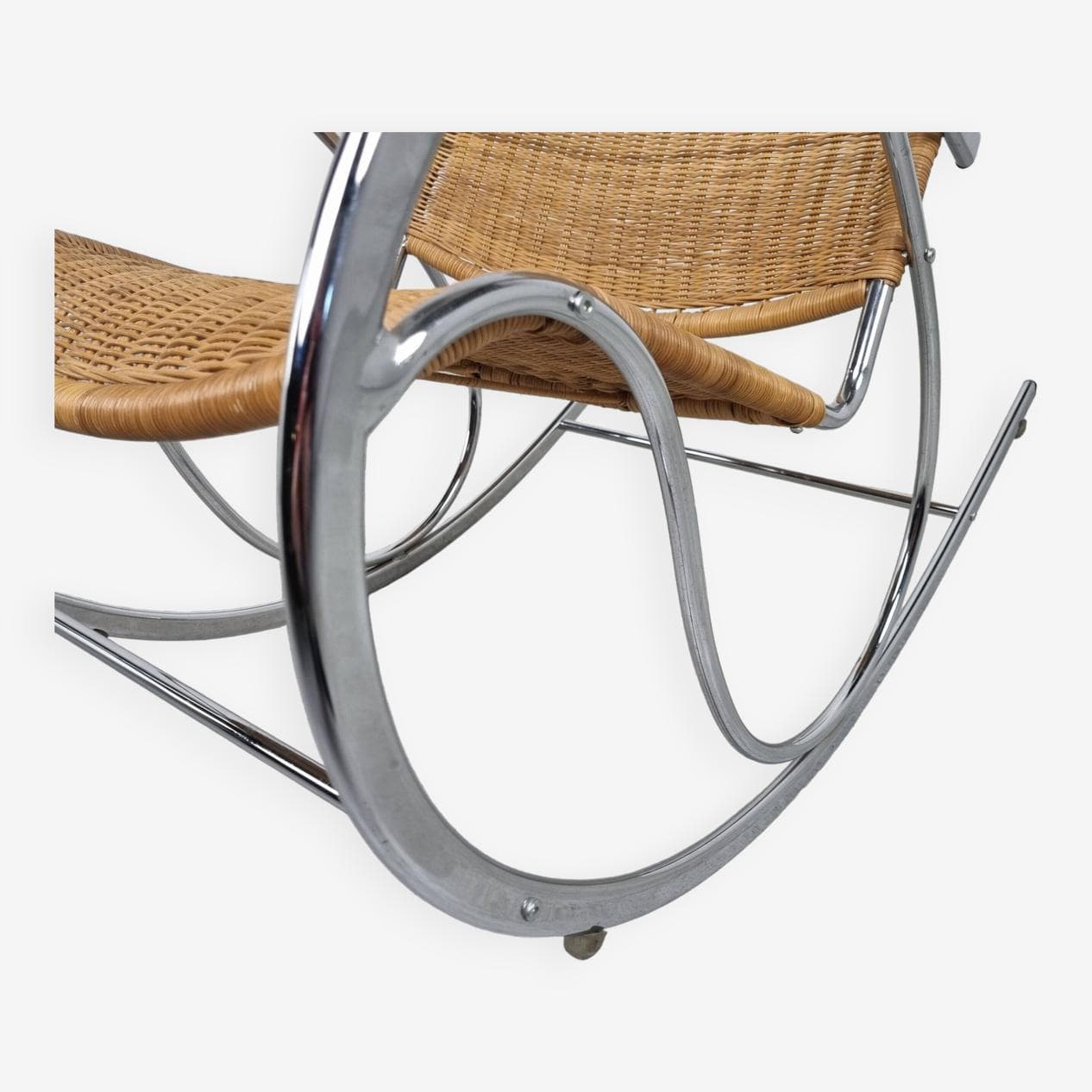 Fotel bujany, beżowy rattan, chrom, buk, Włochy, lata 70. - 271754