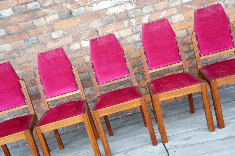 Set of chairs Art Deco, brown oak, raspberry velvet, France, 1940s. - 19348