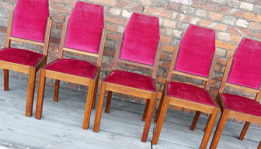 Set of chairs Art Deco, brown oak, raspberry velvet, France, 1940s. - 19347