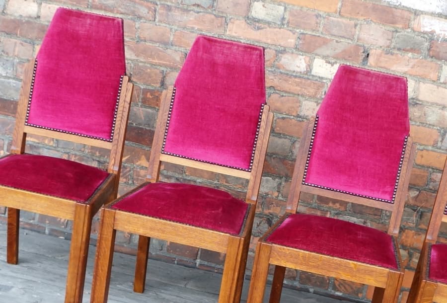 Set of chairs Art Deco, brown oak, raspberry velvet, France, 1940s. - 19349