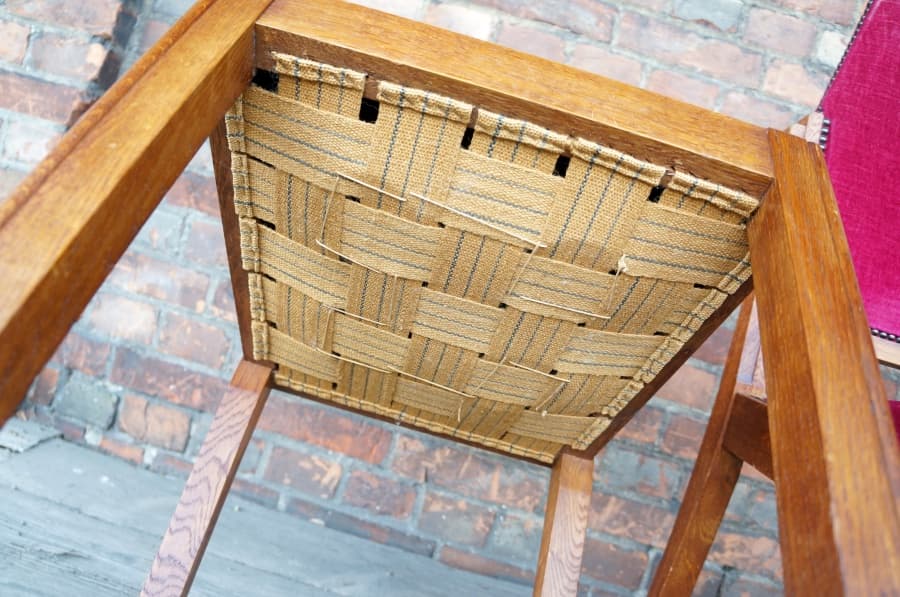 Set of chairs Art Deco, brown oak, raspberry velvet, France, 1940s. - 19346