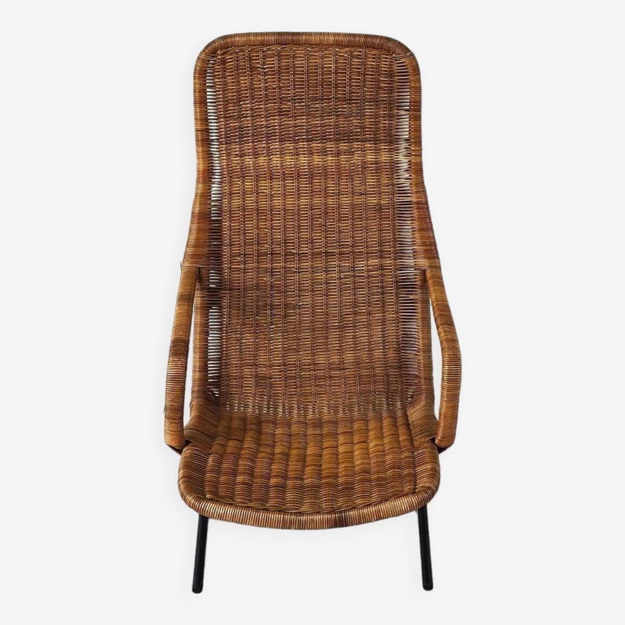 Fotel lounge, rattan brązowy, stal czarna, proj. D. Van Sliedregt, Holandia, lata 60. - 271738
