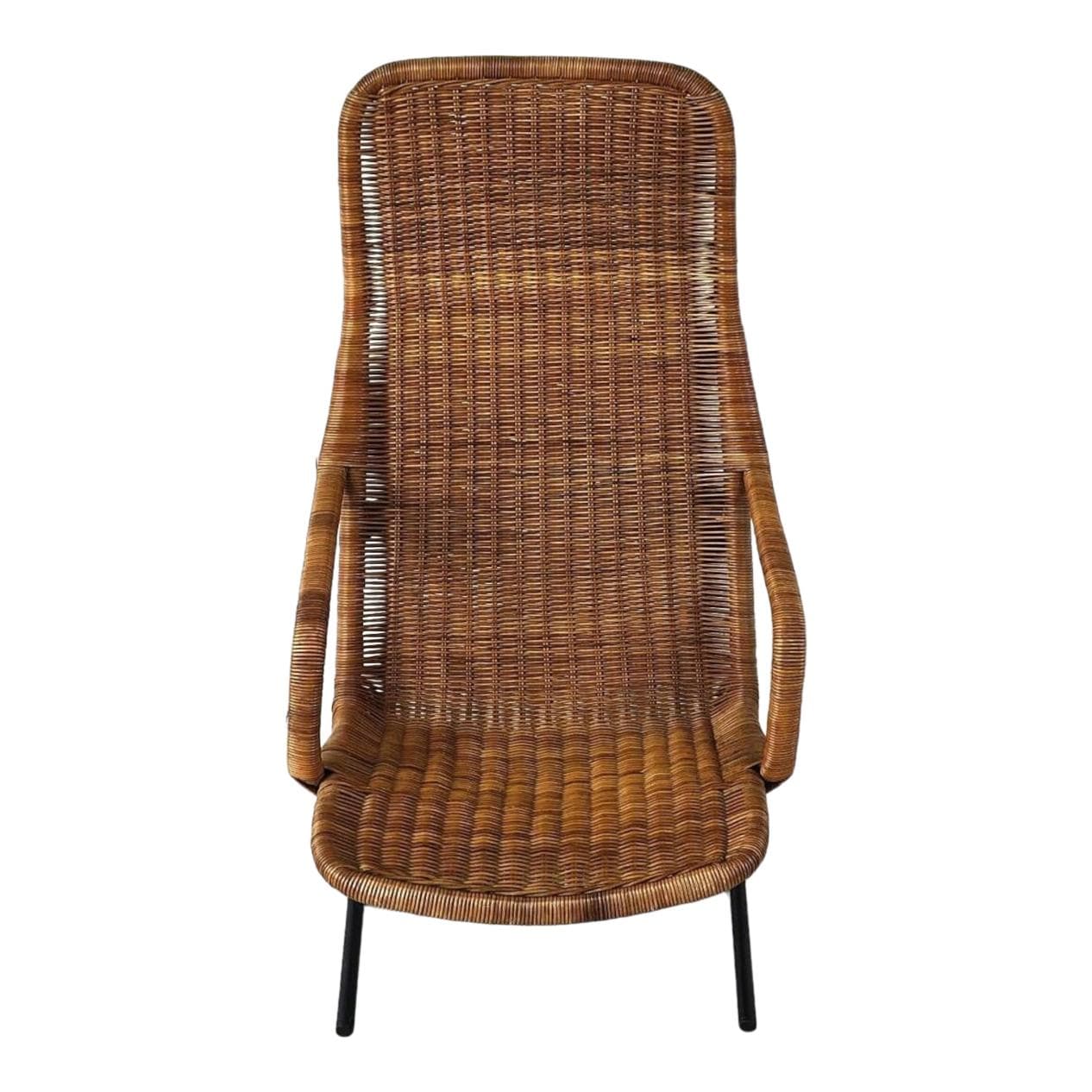 Fotel lounge, rattan brązowy, stal czarna, proj. D. Van Sliedregt, Holandia, lata 60.