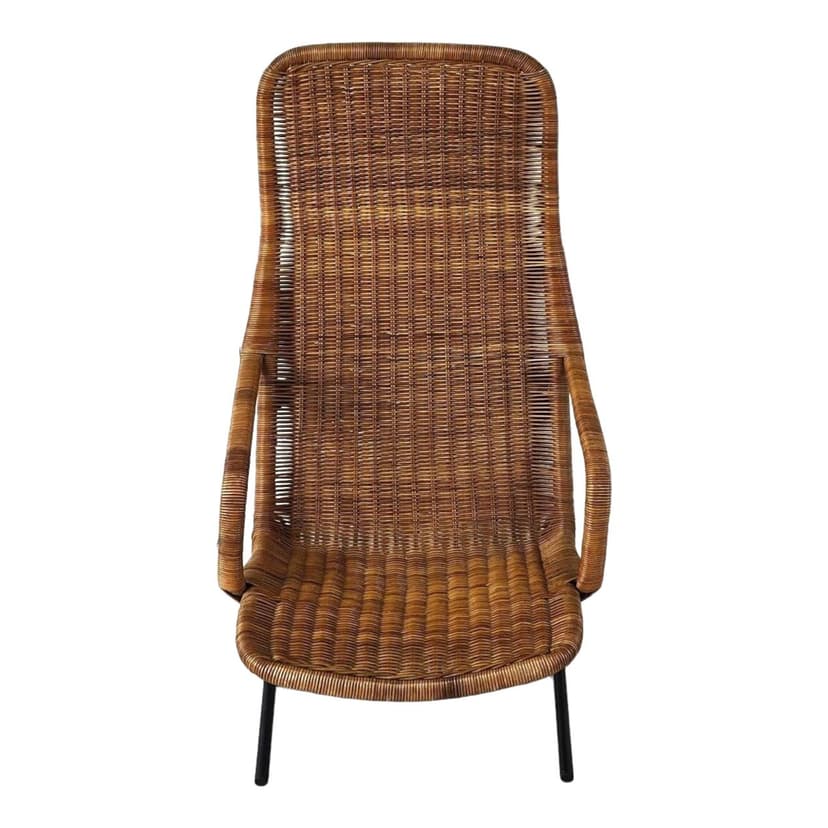 Fotel lounge, rattan brązowy, stal czarna, proj. D. Van Sliedregt, Holandia, lata 60.