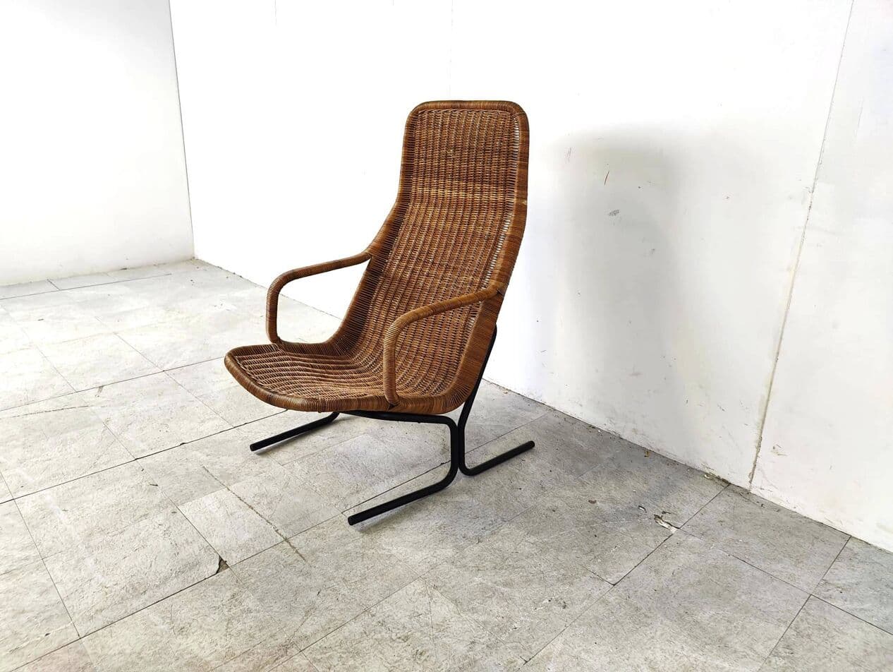 Fotel lounge, rattan brązowy, stal czarna, proj. D. Van Sliedregt, Holandia, lata 60. - 271733