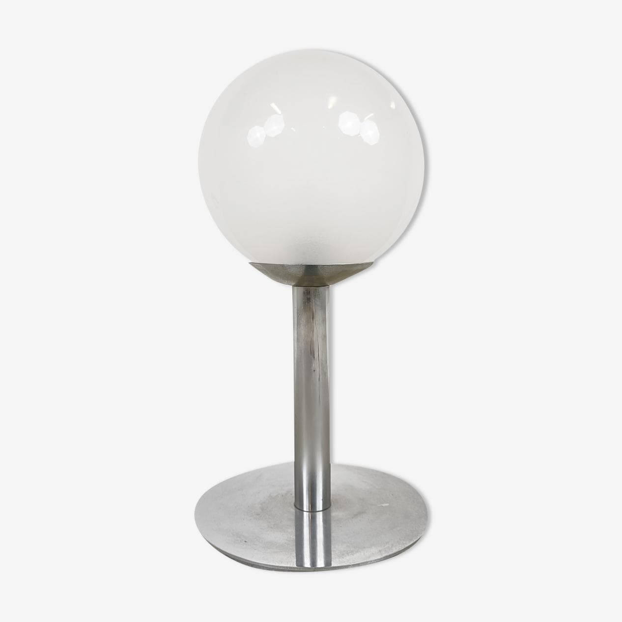Lampa stołowa, szkło mlecznobiałe, chrom szary, Włochy, lata 60. - 271720