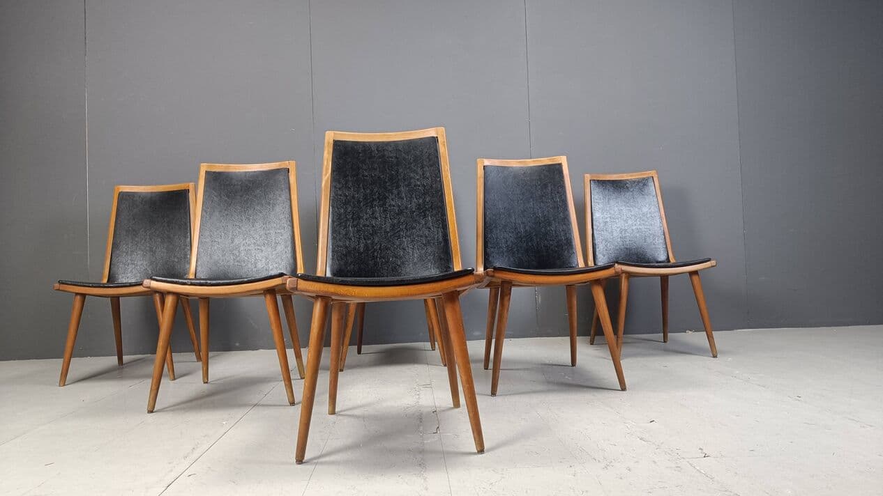Set of six dining chairs, brown wood, black fabric, Italy, 1960s. - 271712