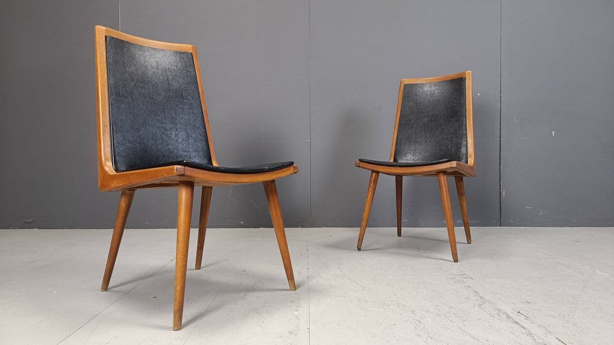 Set of six dining chairs, brown wood, black fabric, Italy, 1960s. - 271715
