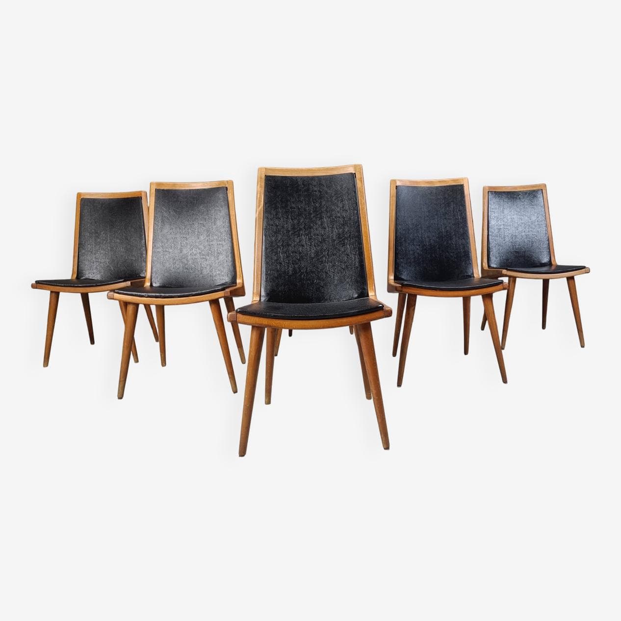 Set of six dining chairs, brown wood, black fabric, Italy, 1960s. - 271709