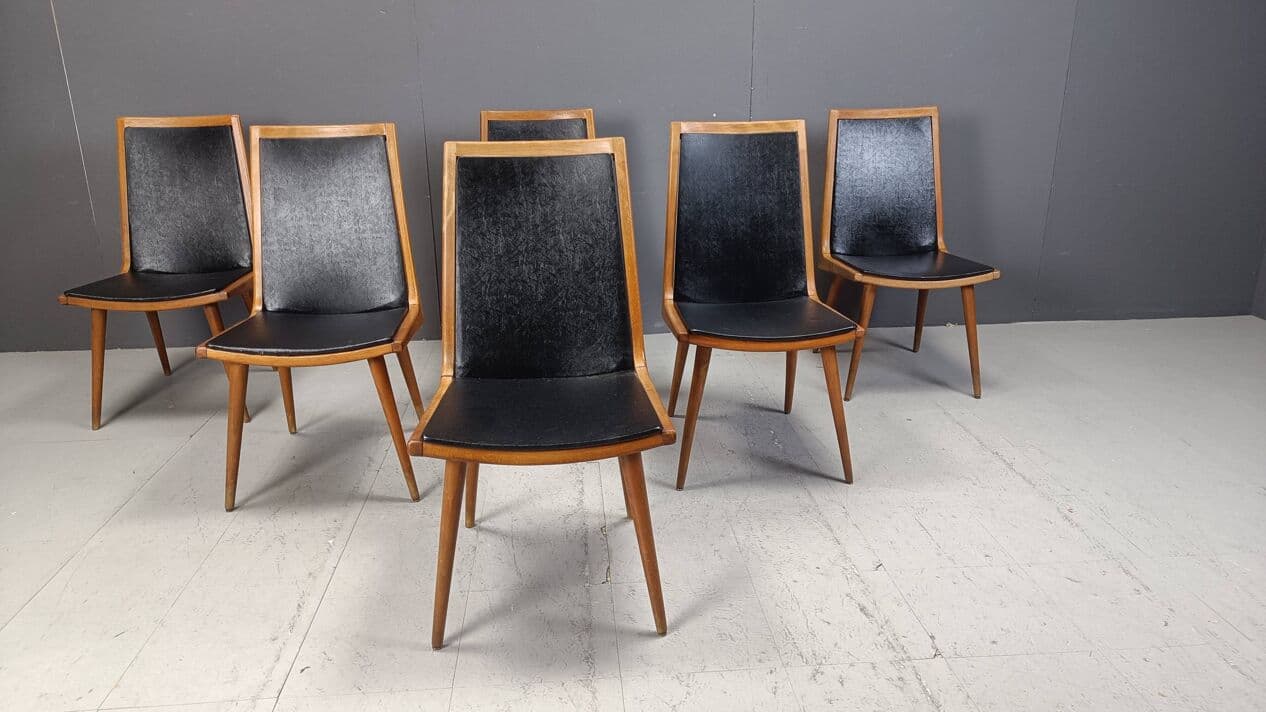 Set of six dining chairs, brown wood, black fabric, Italy, 1960s. - 271710