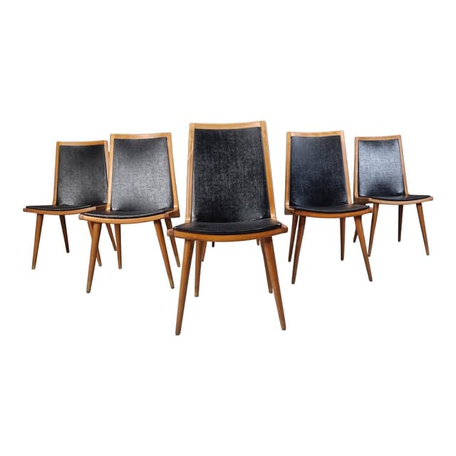 Set of six dining chairs, brown wood, black fabric, Italy, 1960s. - DIMENSION