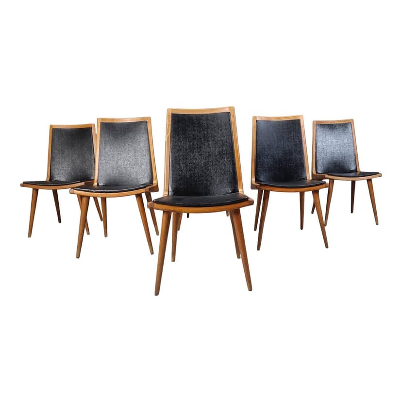 Set of six dining chairs, brown wood, black fabric, Italy, 1960s.