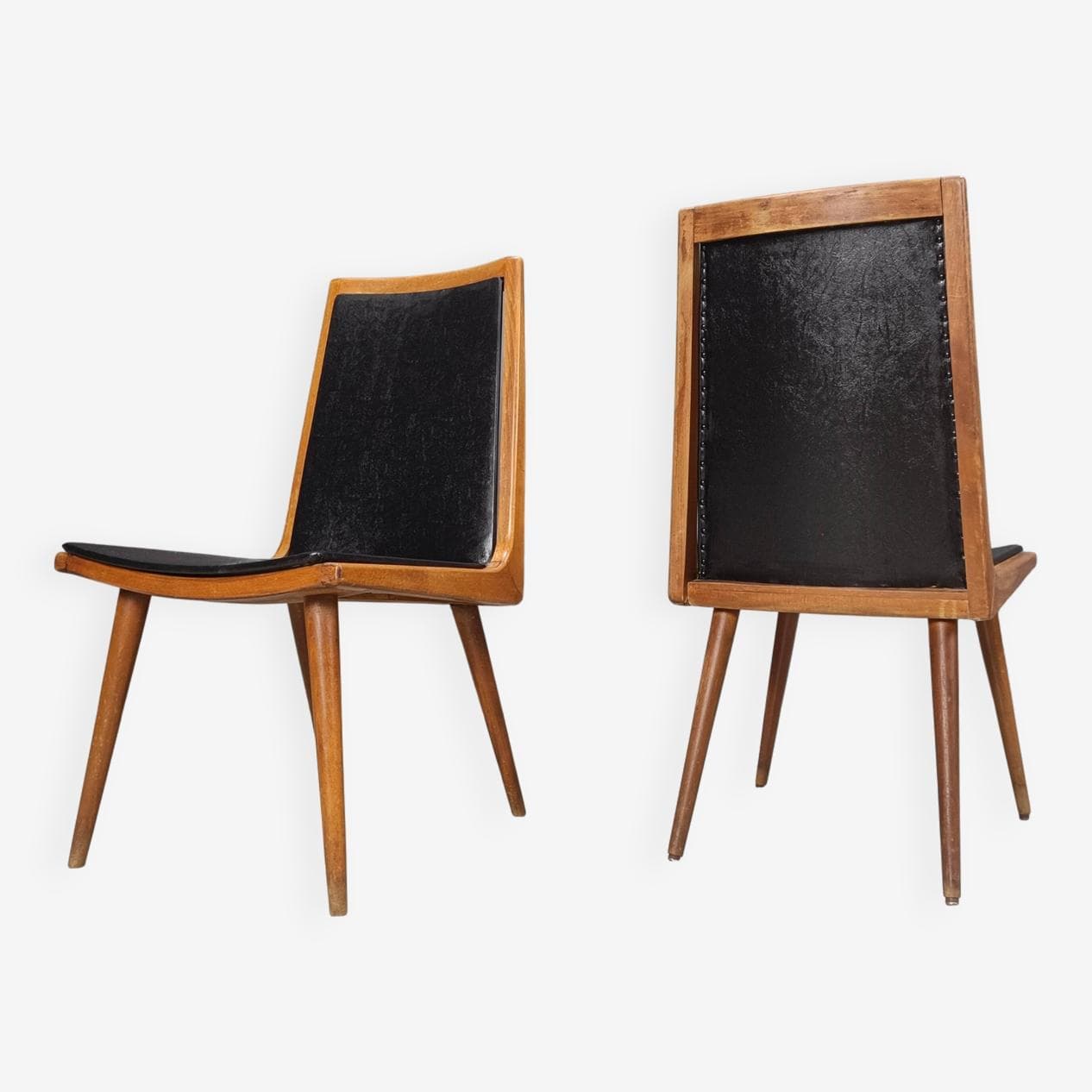 Set of six dining chairs, brown wood, black fabric, Italy, 1960s. - 271707