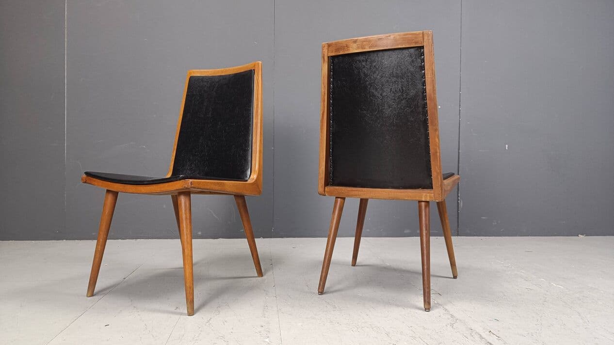 Set of six dining chairs, brown wood, black fabric, Italy, 1960s. - 271708