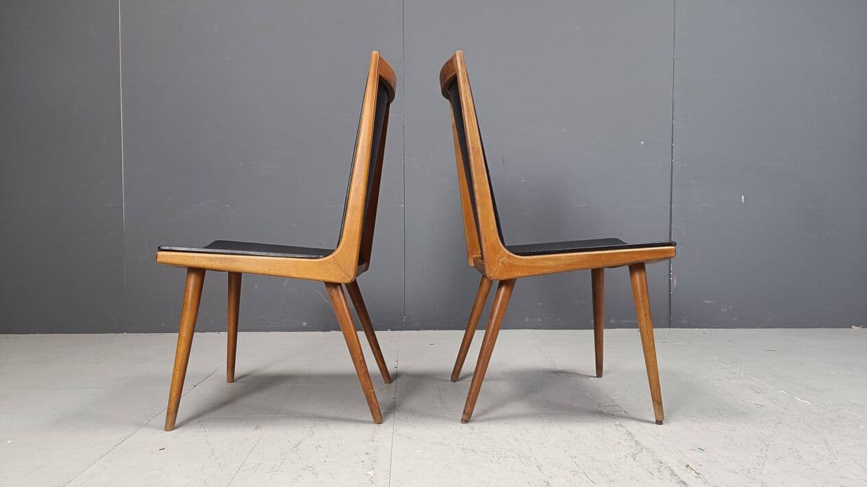 Set of six dining chairs, brown wood, black fabric, Italy, 1960s. - 271717