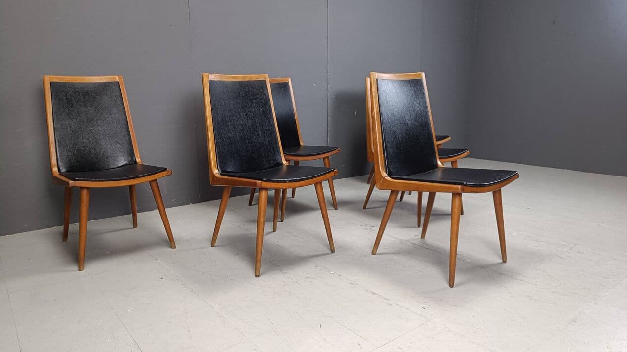 Set of six dining chairs, brown wood, black fabric, Italy, 1960s. - 271714