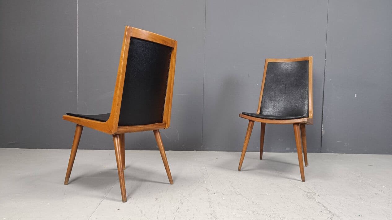 Set of six dining chairs, brown wood, black fabric, Italy, 1960s. - 271716