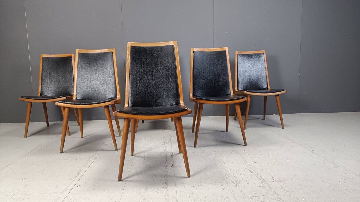 Set of six dining chairs, brown wood, black fabric, Italy, 1960s. - 271711
