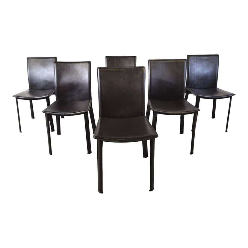 Set of six dining chairs, brown leather, Italy, 1980s.