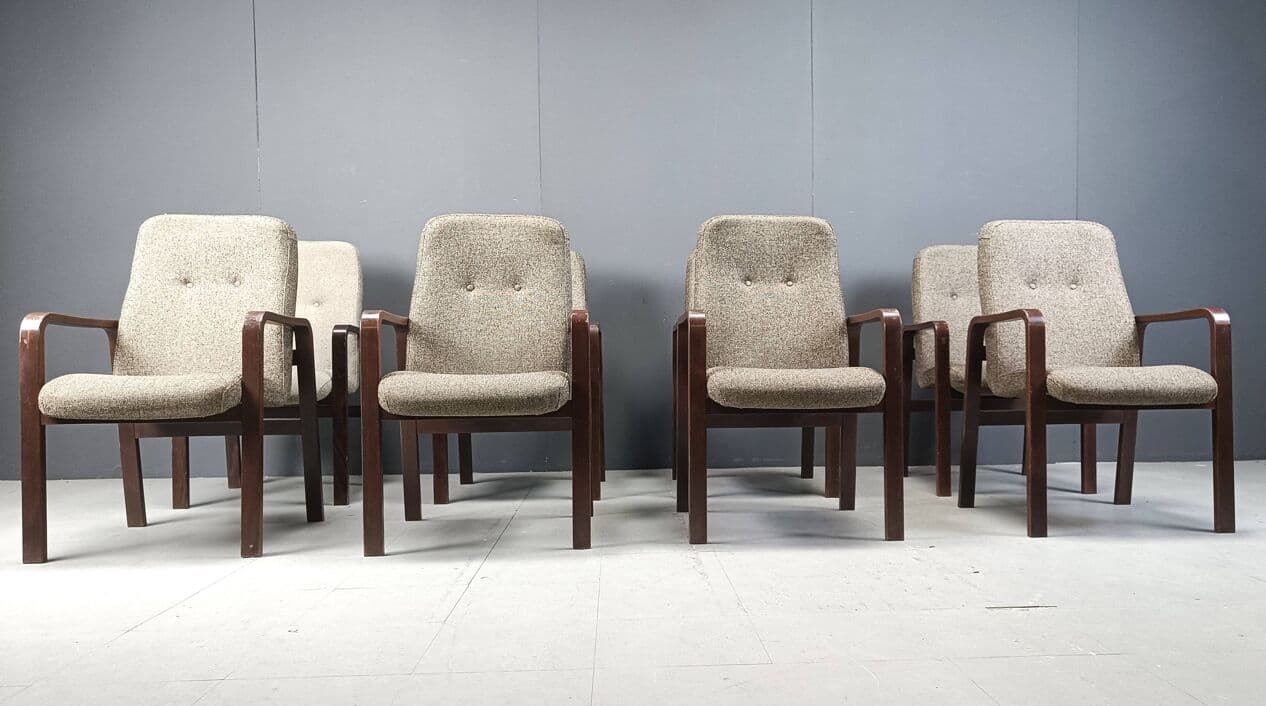 Zestaw ośmiu krzeseł z podłokietnikami, sklejka, tkanina szara, Niemcy, lata 80. - 271664