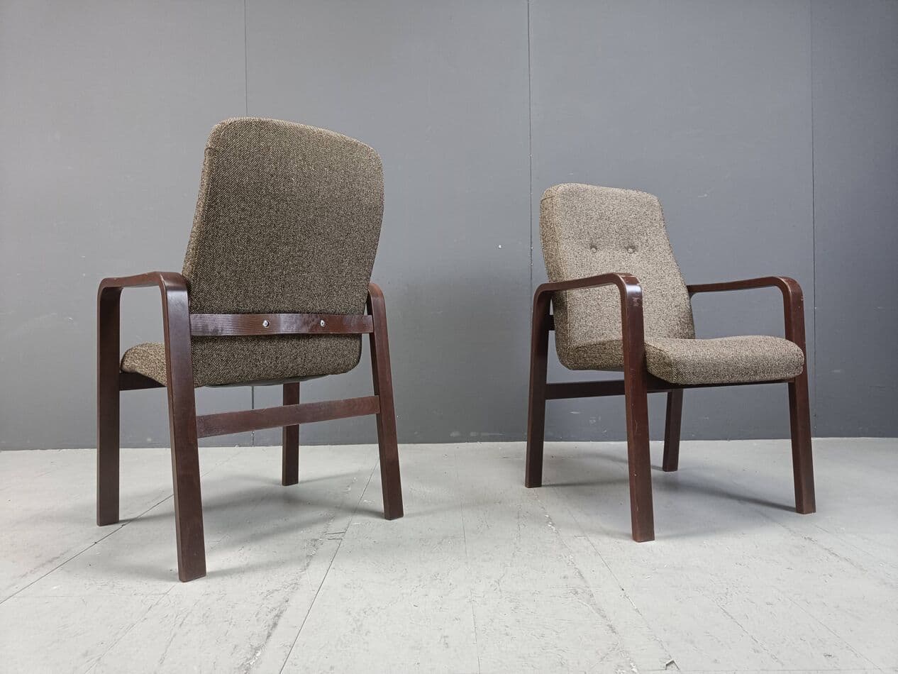 Zestaw ośmiu krzeseł z podłokietnikami, sklejka, tkanina szara, Niemcy, lata 80. - 271660