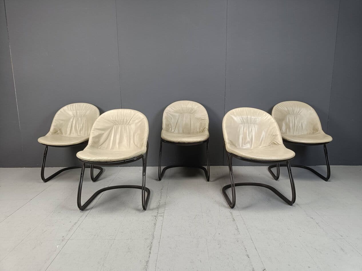 Set of Five Dining Chairs Pascale, beige leather, dark brown metal, by G. Rinaldi, Italy, 1970s. - 271615