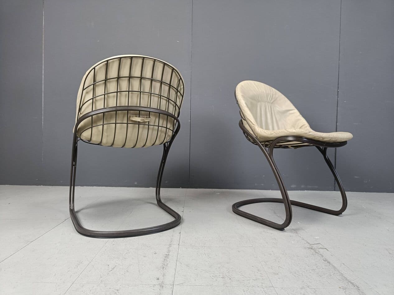 Set of Five Dining Chairs Pascale, beige leather, dark brown metal, by G. Rinaldi, Italy, 1970s. - 271613