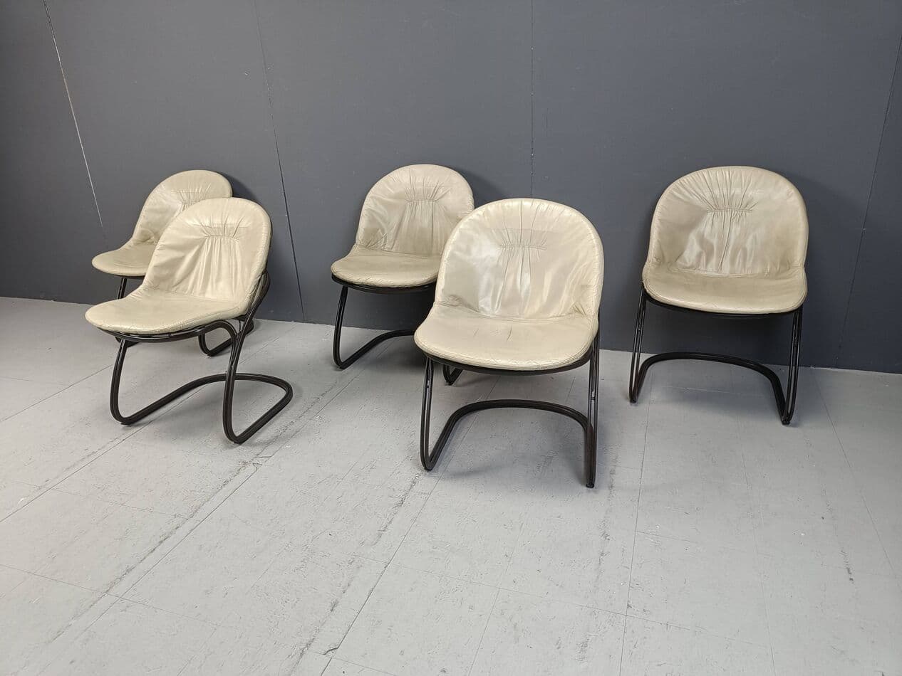 Set of Five Dining Chairs Pascale, beige leather, dark brown metal, by G. Rinaldi, Italy, 1970s. - 271619