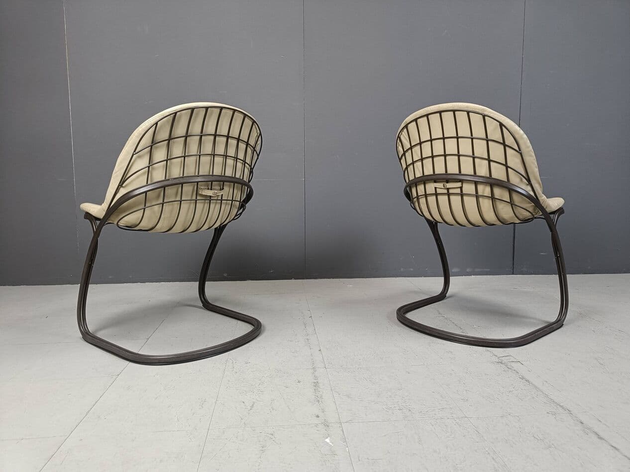 Set of Five Dining Chairs Pascale, beige leather, dark brown metal, by G. Rinaldi, Italy, 1970s. - 271610
