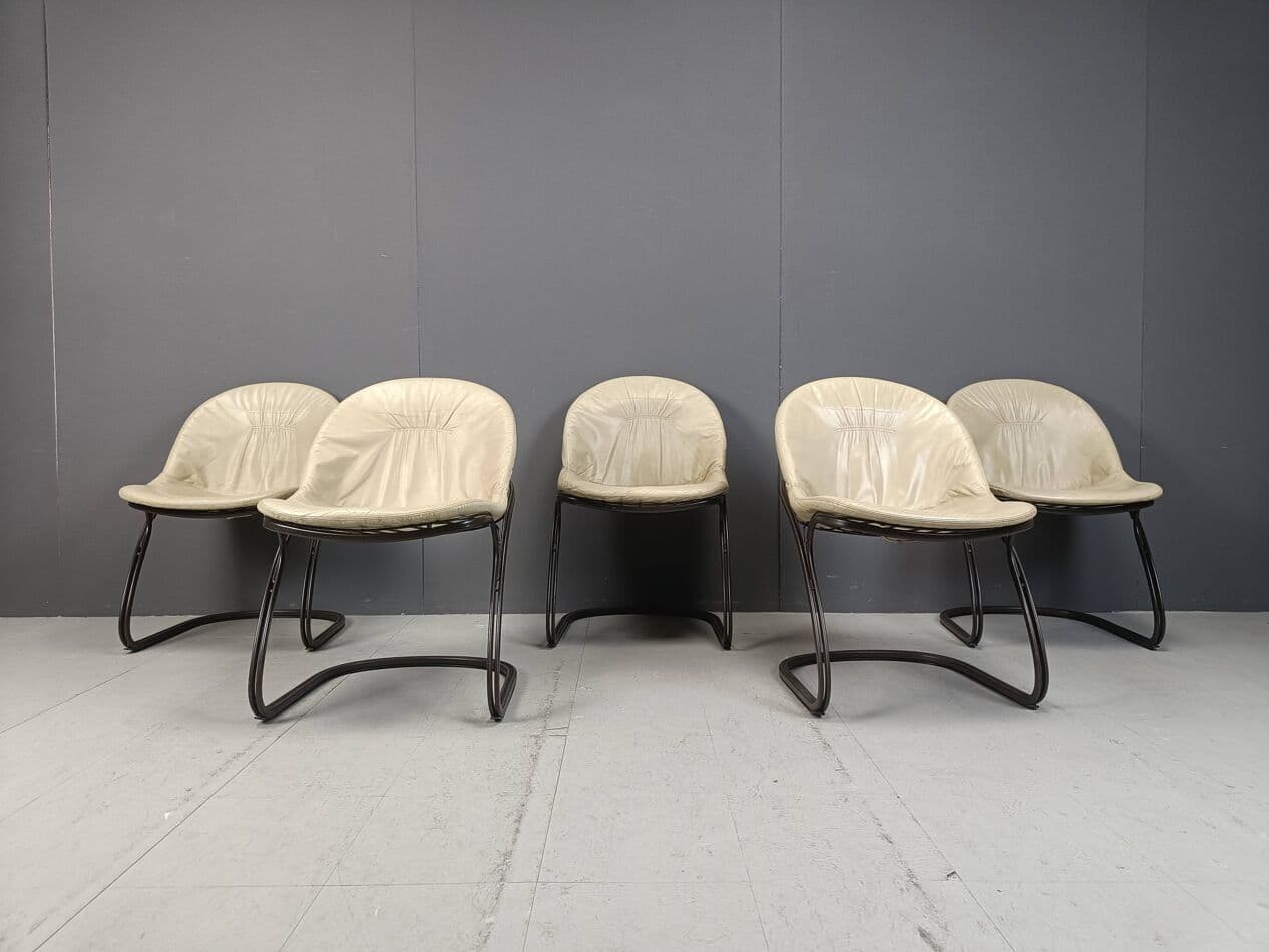 Set of Five Dining Chairs Pascale, beige leather, dark brown metal, by G. Rinaldi, Italy, 1970s. - 271617