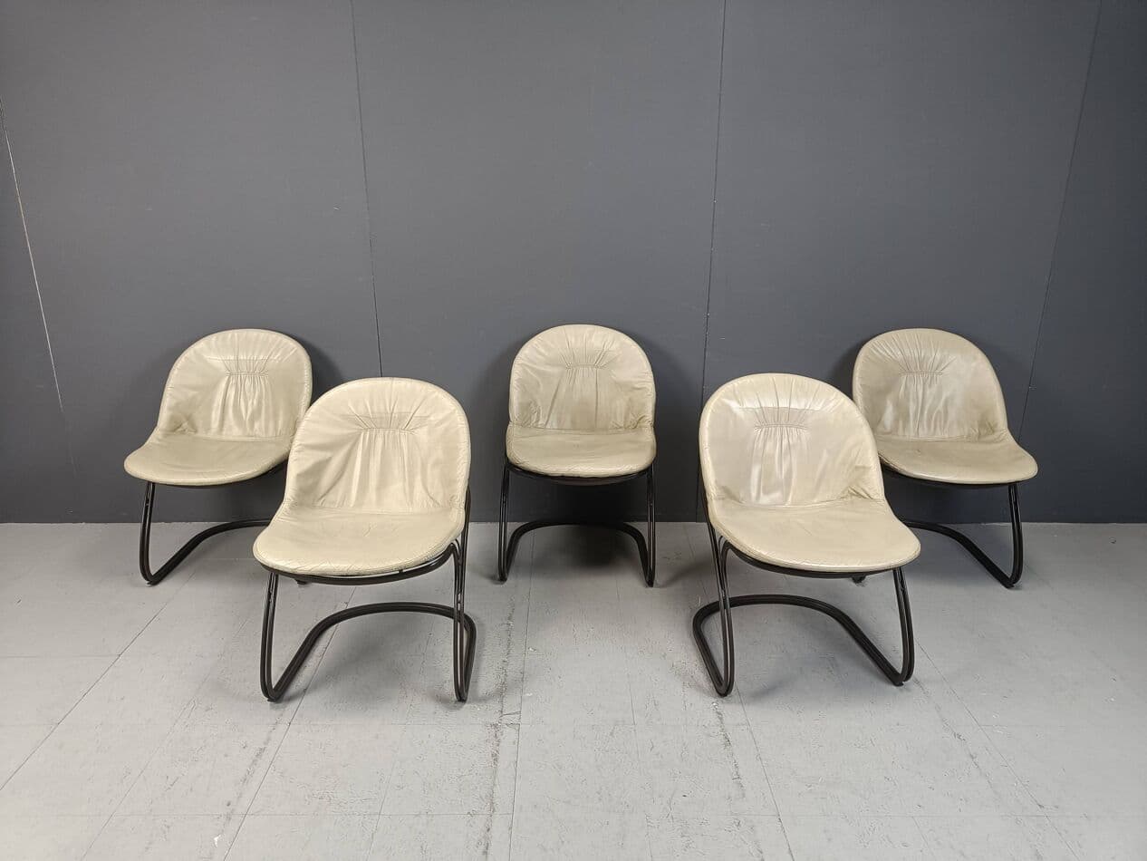 Set of Five Dining Chairs Pascale, beige leather, dark brown metal, by G. Rinaldi, Italy, 1970s. - 271614