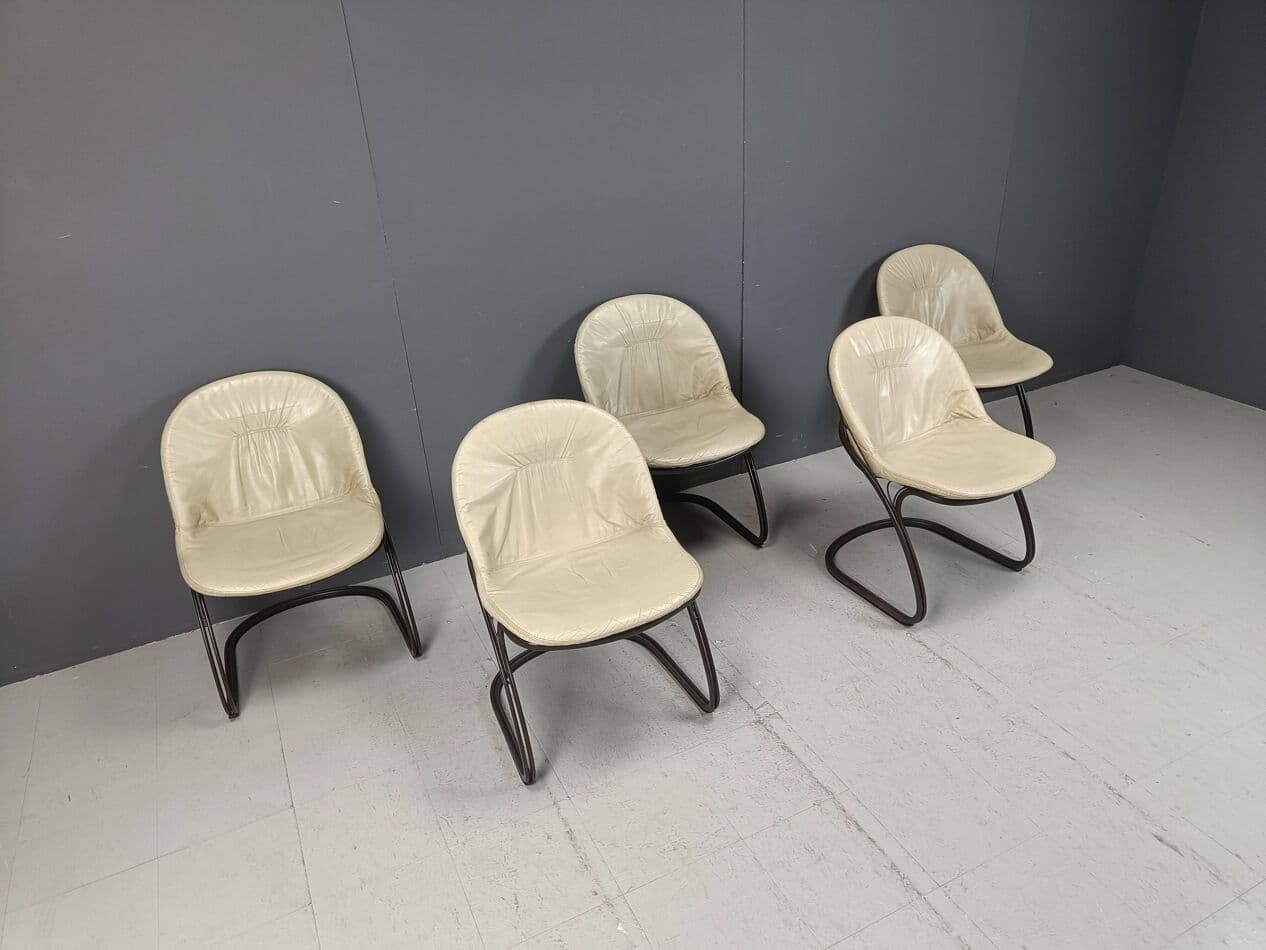 Set of Five Dining Chairs Pascale, beige leather, dark brown metal, by G. Rinaldi, Italy, 1970s. - 271621