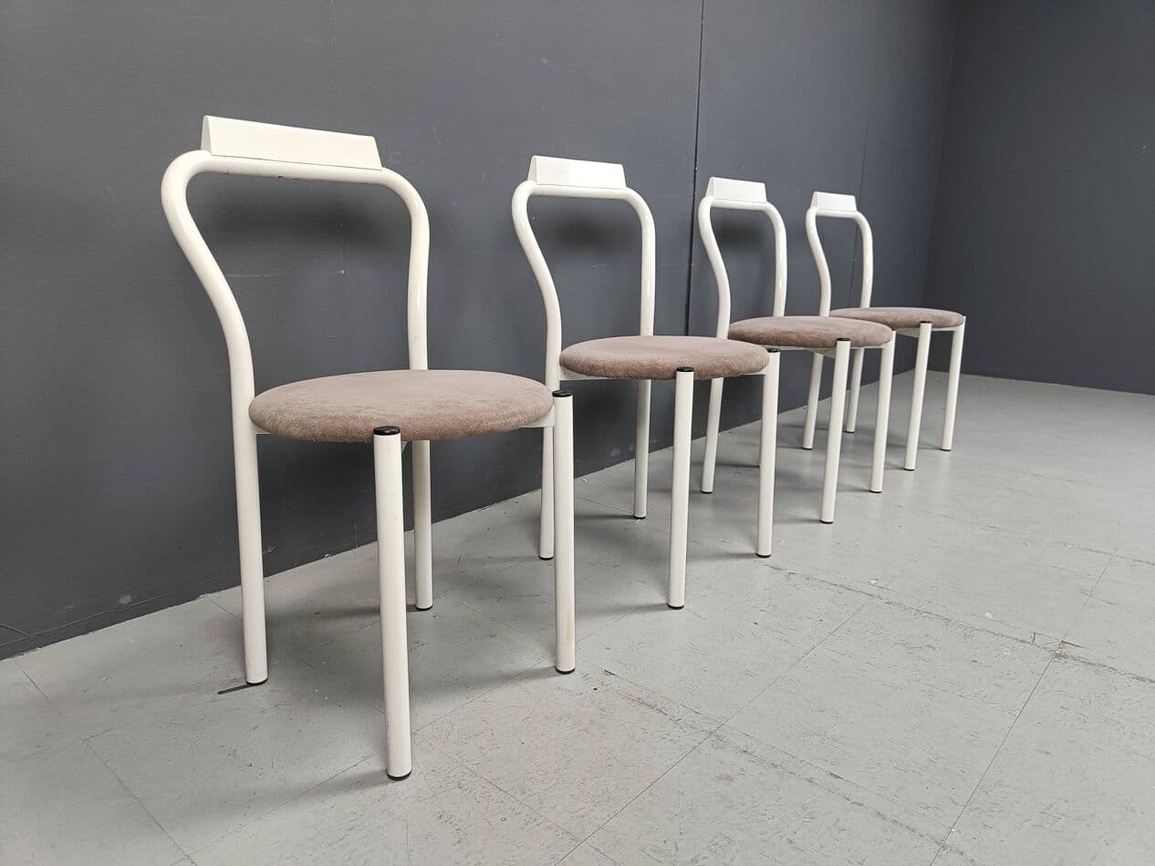 Set of four dining chairs, white, metal, velour, Italy, 1980s. - 271603