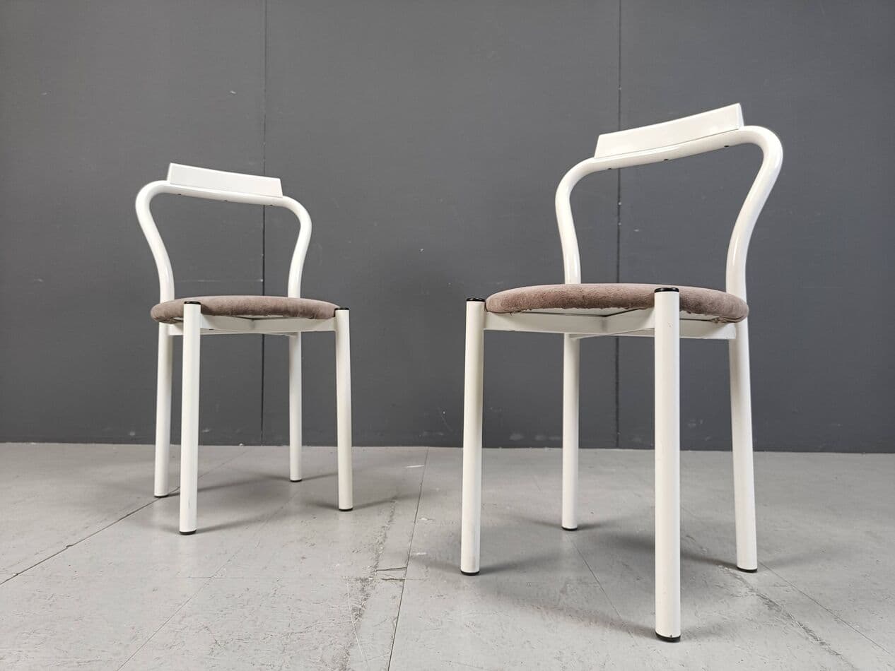 Set of four dining chairs, white, metal, velour, Italy, 1980s. - 271607