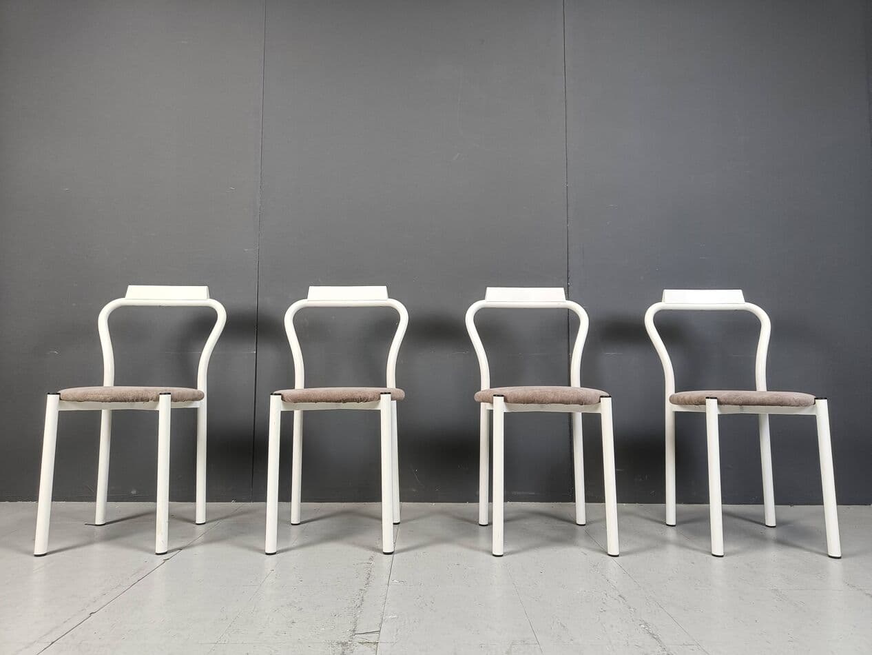 Set of four dining chairs, white, metal, velour, Italy, 1980s. - 271601