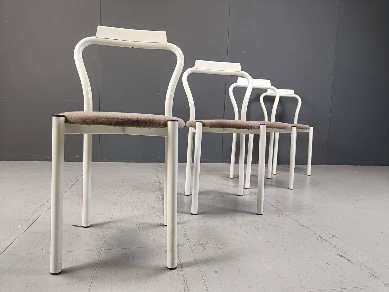 Set of four dining chairs, white, metal, velour, Italy, 1980s. - 271606