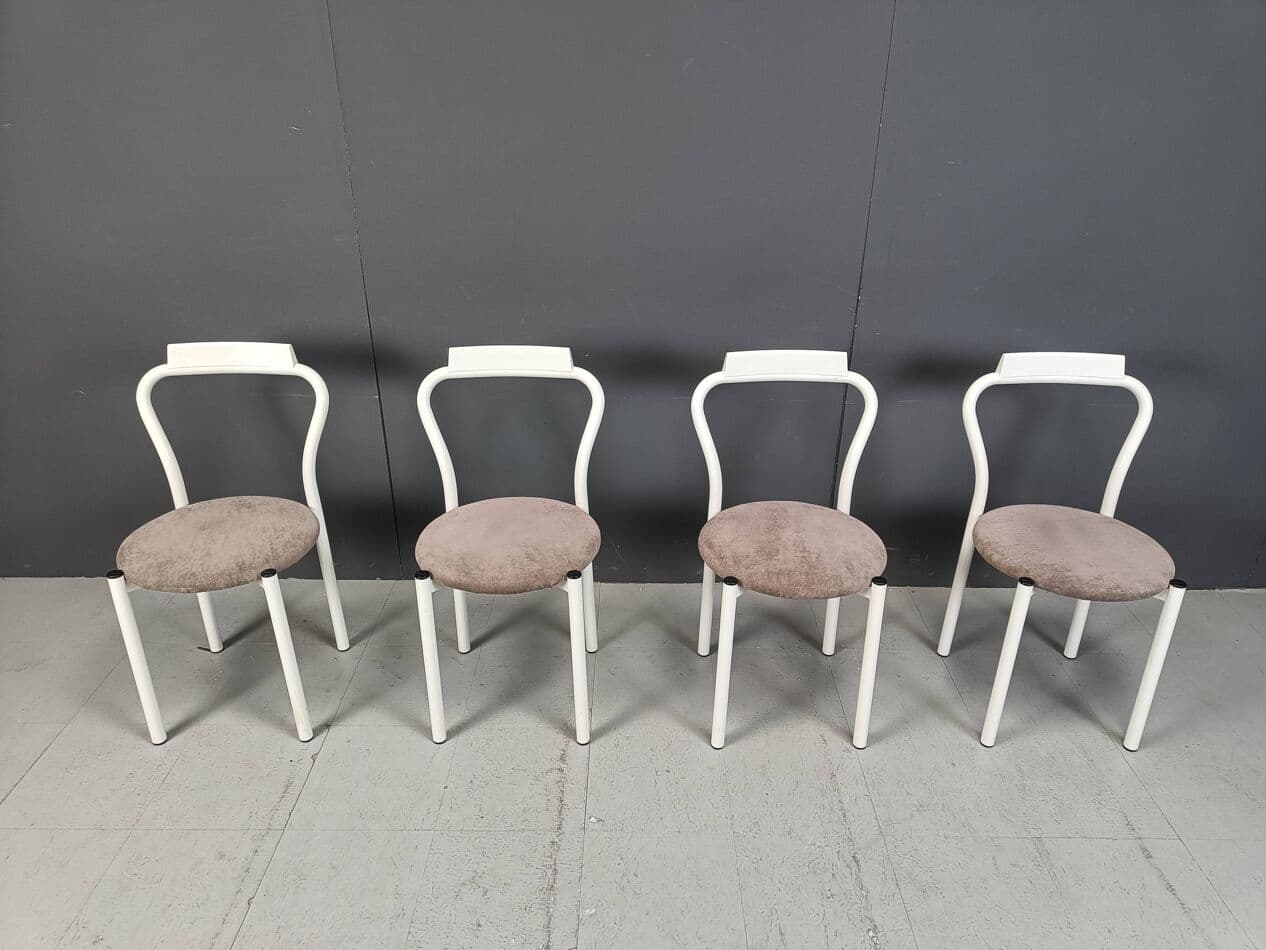 Set of four dining chairs, white, metal, velour, Italy, 1980s. - 271598
