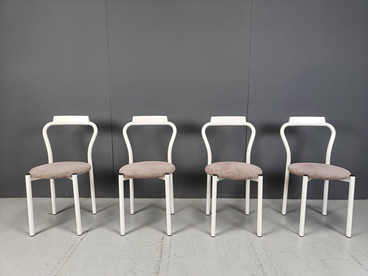 Set of four dining chairs, white, metal, velour, Italy, 1980s. - 271600