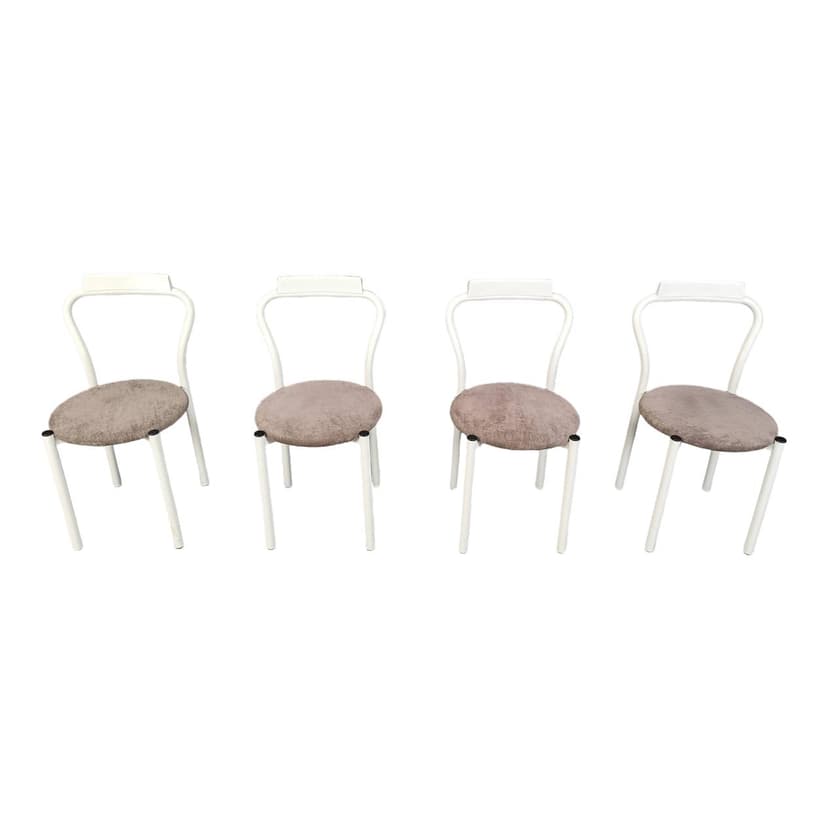 Set of four dining chairs, white, metal, velour, Italy, 1980s.