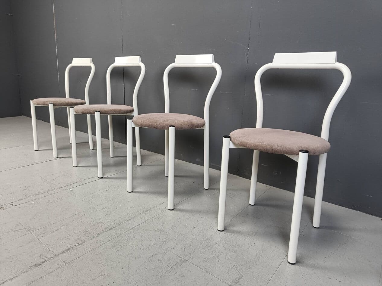 Set of four dining chairs, white, metal, velour, Italy, 1980s. - 271602