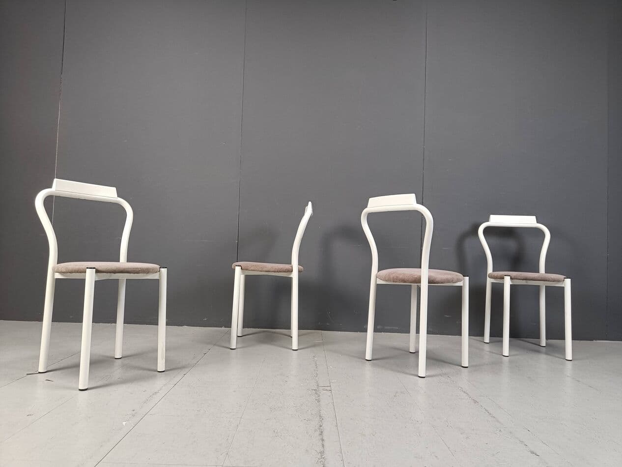 Set of four dining chairs, white, metal, velour, Italy, 1980s. - 271605