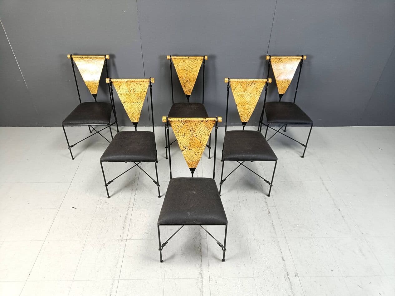 Set of Six Postmodernist Chairs, black metal, golden wood, Belgium, 1970s. - 271584